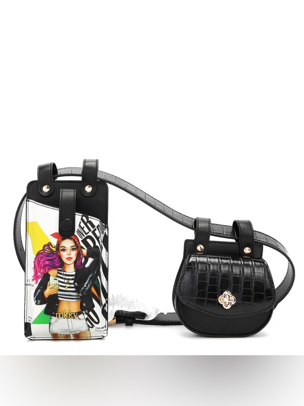 Black Crossbody Phone Bag Set with Printed Pouch Belt